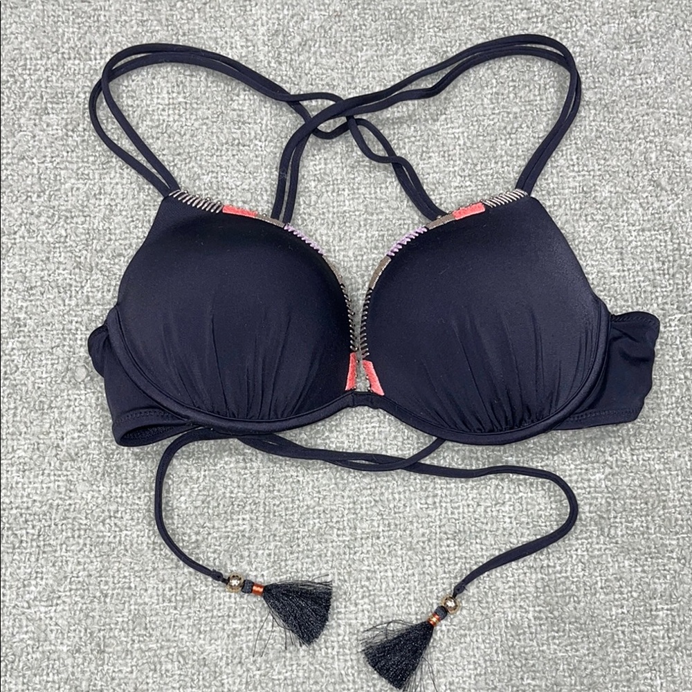 Victoria's Secret Black Push Up Bikini Top with Tassel Accents
